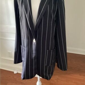 Elegant Black Striped Blazer (Color: Navy Blue/White Stripes) (Size: XL)